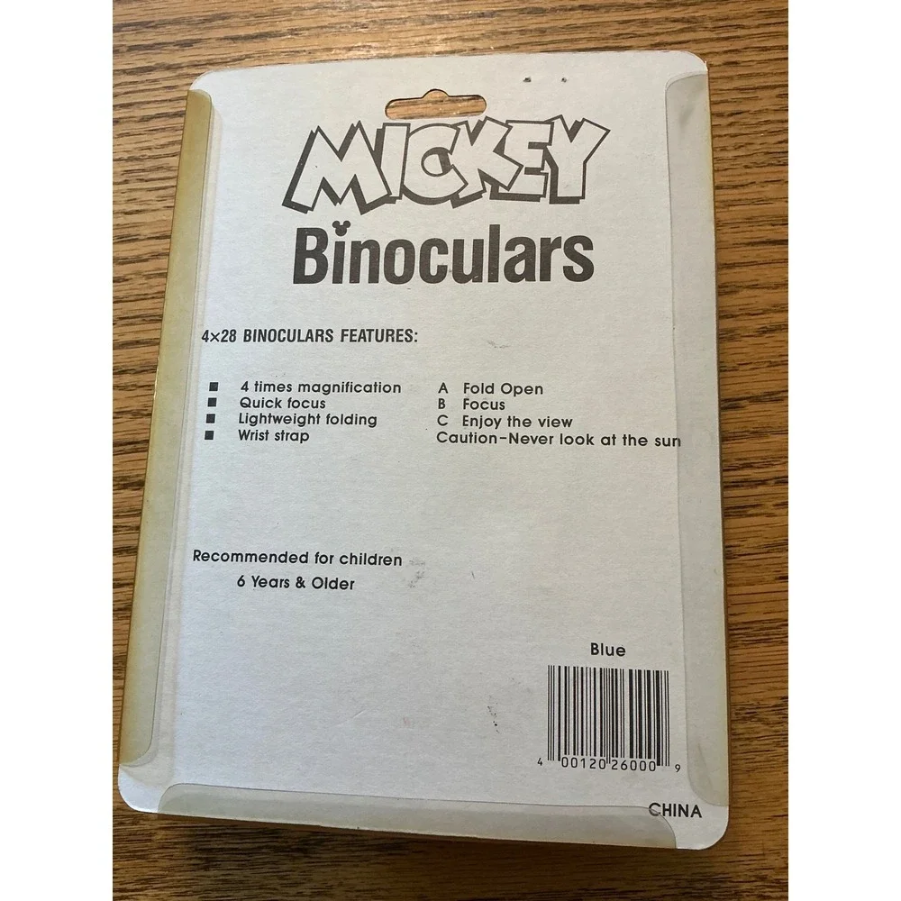 Vintage Disney Mickey Mouse Binoculars 4x28 Folding Blue Wrist Strap New Sealed